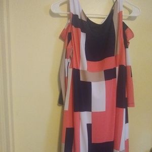 Coral, Nude, White & Navy Print Dress